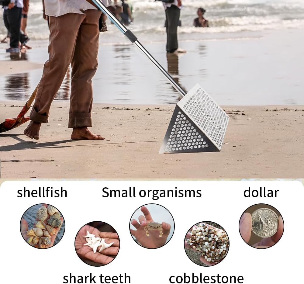 Grabie na pchły piaskowe na plażę, odpinany 119 cm długi uchwyt, składany przesiewacz zębów rekina na plażę, przesiewacz piasku ze stali nierdzewnej