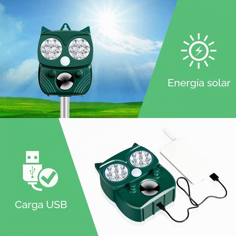 Profesional Repelente Gatos Ultrasonido, Ahuyentador de Gatos Exterior, Puede Repeler Eficazmente Gato, Pájaros, Zorros, Mapaches, Conejos y Roedores