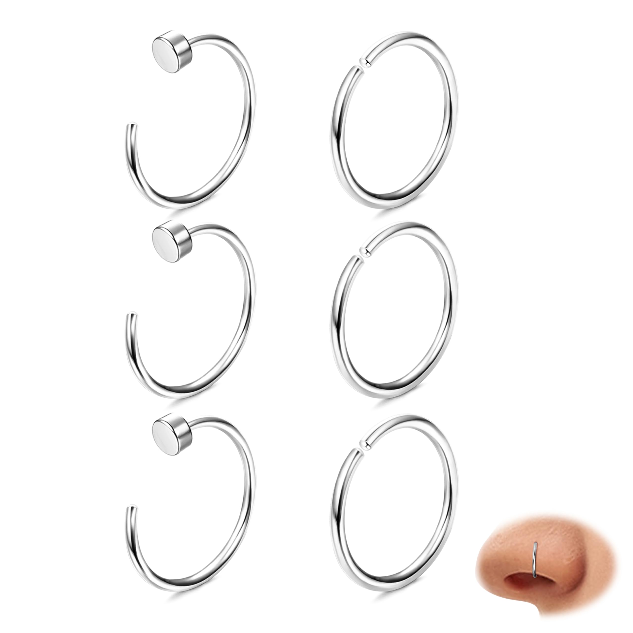 Diamday 6pcs Piercing Nariz Anillo Aro Pendientes 316L Acero Quirúrgico Piercing Nariz Falso Septum Anillo Piercing Oreja Labio Anillo Helix Piercings Tragus Daith Cartílago Rook Pendientes 18/20/22G