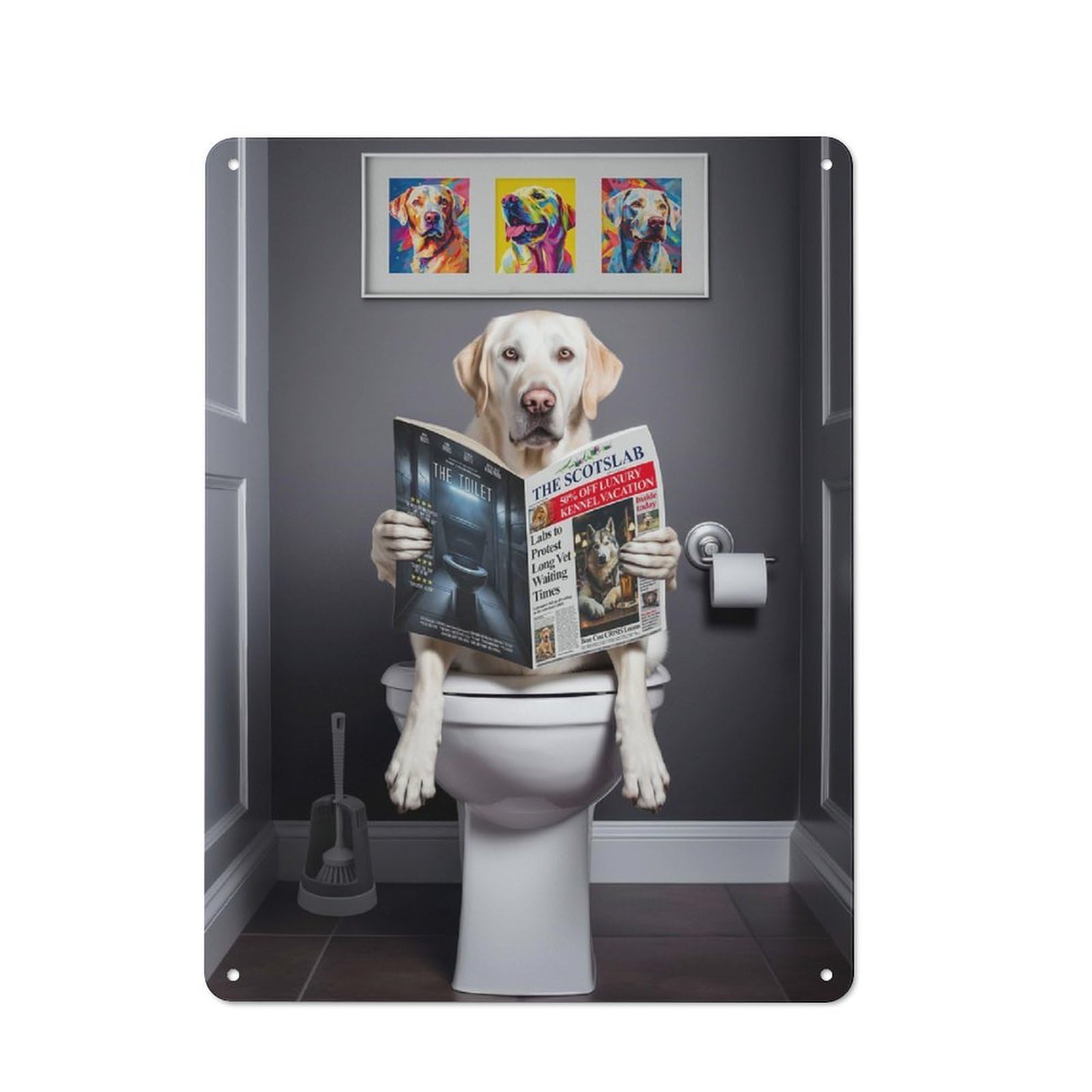 Labrador on The Toilet Retro Tin Wall Plaque 40x30cm for Hobby Room Or Studio, for Garage, Workshop And Man Cave Decoration