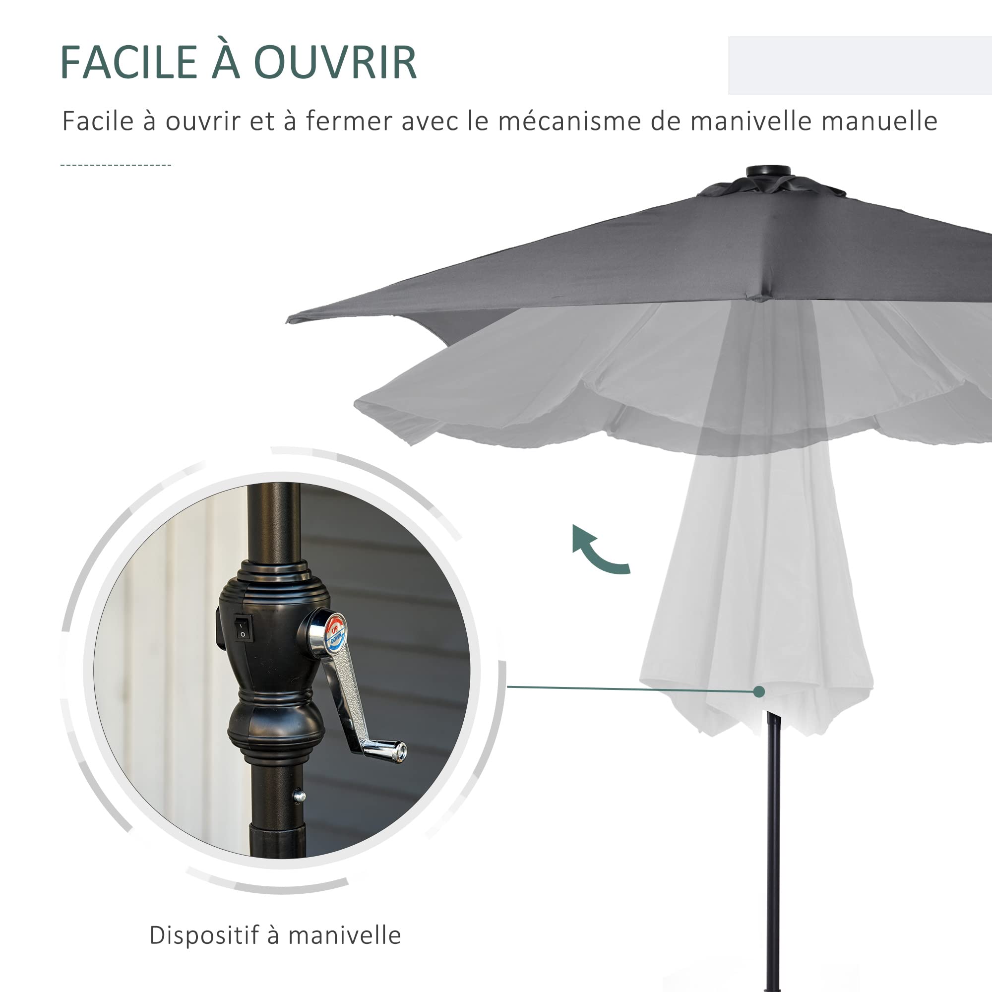 Outsunny Parasol de Jardin 3 x 2 m Lumineux Rectangulaire Inclinable Gris