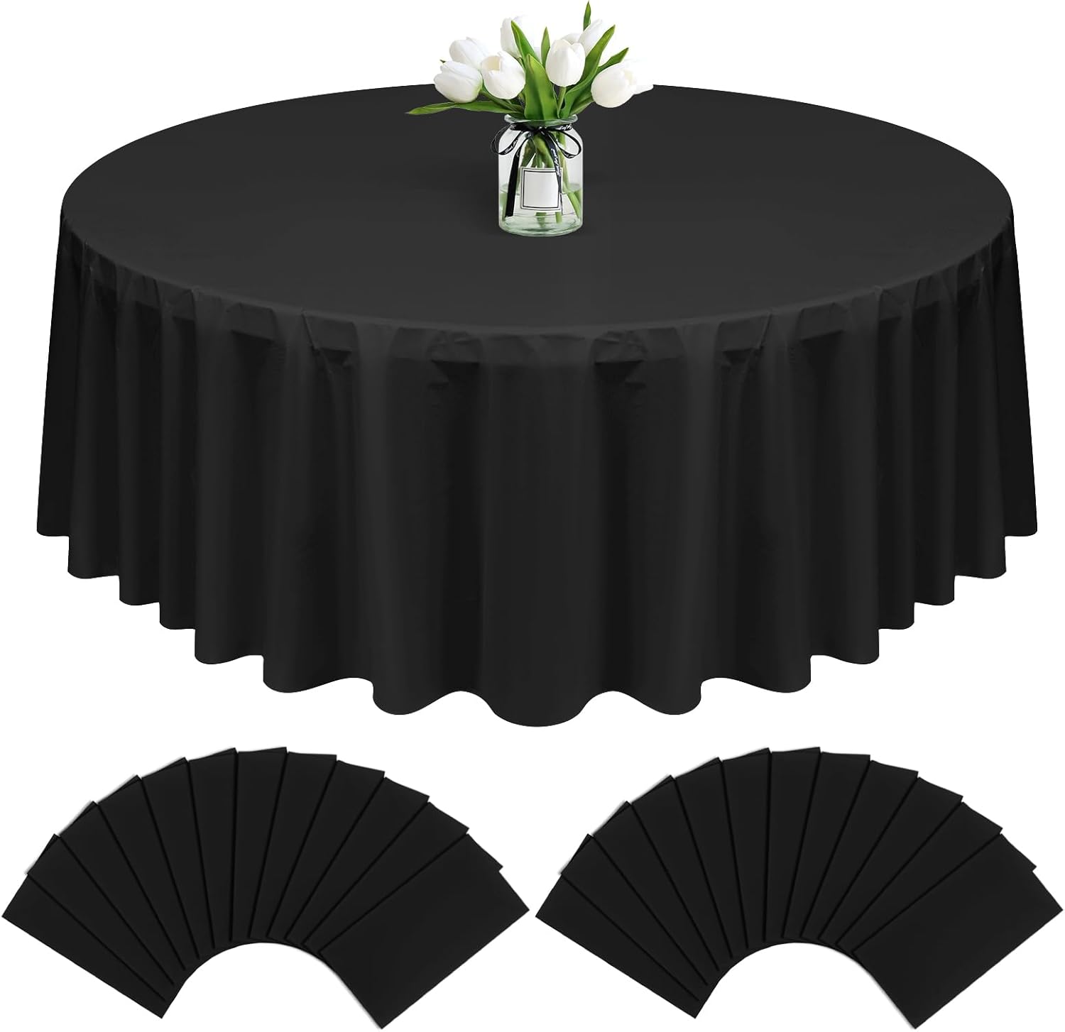 24 Pack Black Round Tablecloth, 96 Inch Black Plastic Tablecloths, Decorative Table Cover, Disposable Table Cloth for Wedding Banquet Party Dining Picnic Outdoor