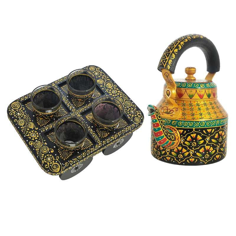 Image of Handpainted Alluminium Tea Kettle with Four Glasses and Wooden Tray for Home Dcor Tea Party Serving -03