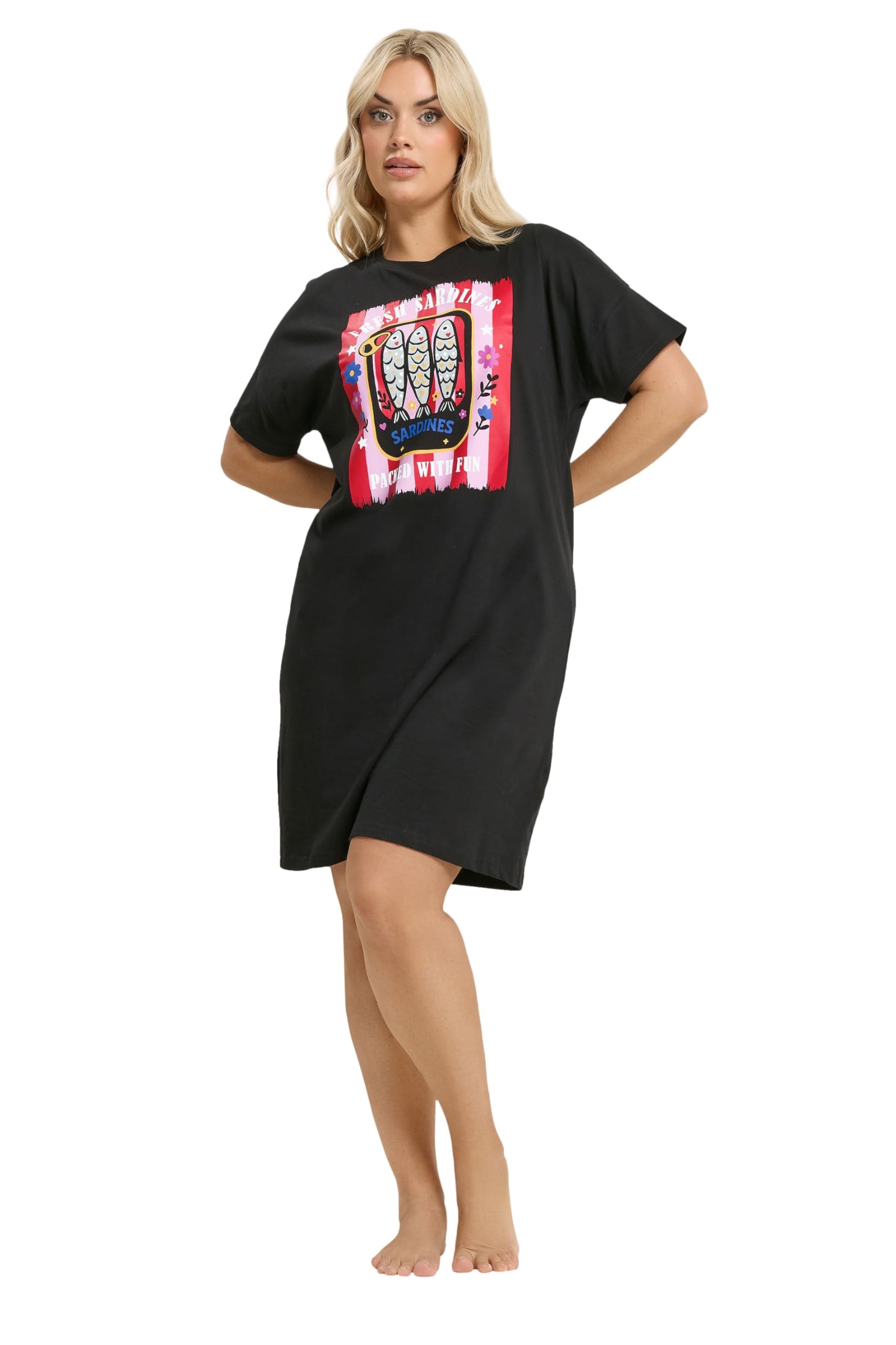 Yours Women's Black 'Fresh Sardines' Sleep T-Shirt Nightdress In | : 22/24