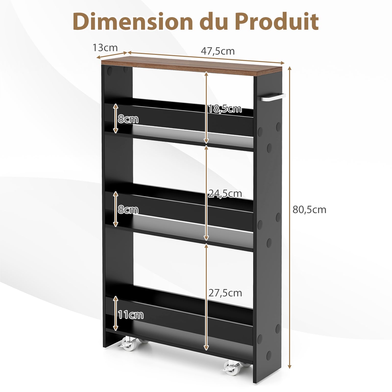 Chariot Rangement Mobile Cuisine Salon GOPLUS Chariot De Service à 4 Niveaux Avec Plateau Amovible-40 X 26 X 84 Cm-Chariot De Cuisine Chariot De Rangement Chariot De Cuisine Avec Roulettes Pour Salle