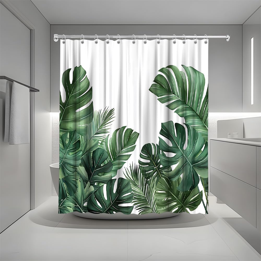 Tropical Green Leaves Shower Curtain Palm Banana Leaf Monstera Plant Rainforest Watercolor Jungle Spring Summer Forest Bath Curtain Fabric Bathroom Accessories Decor with Hooks 70W x90L