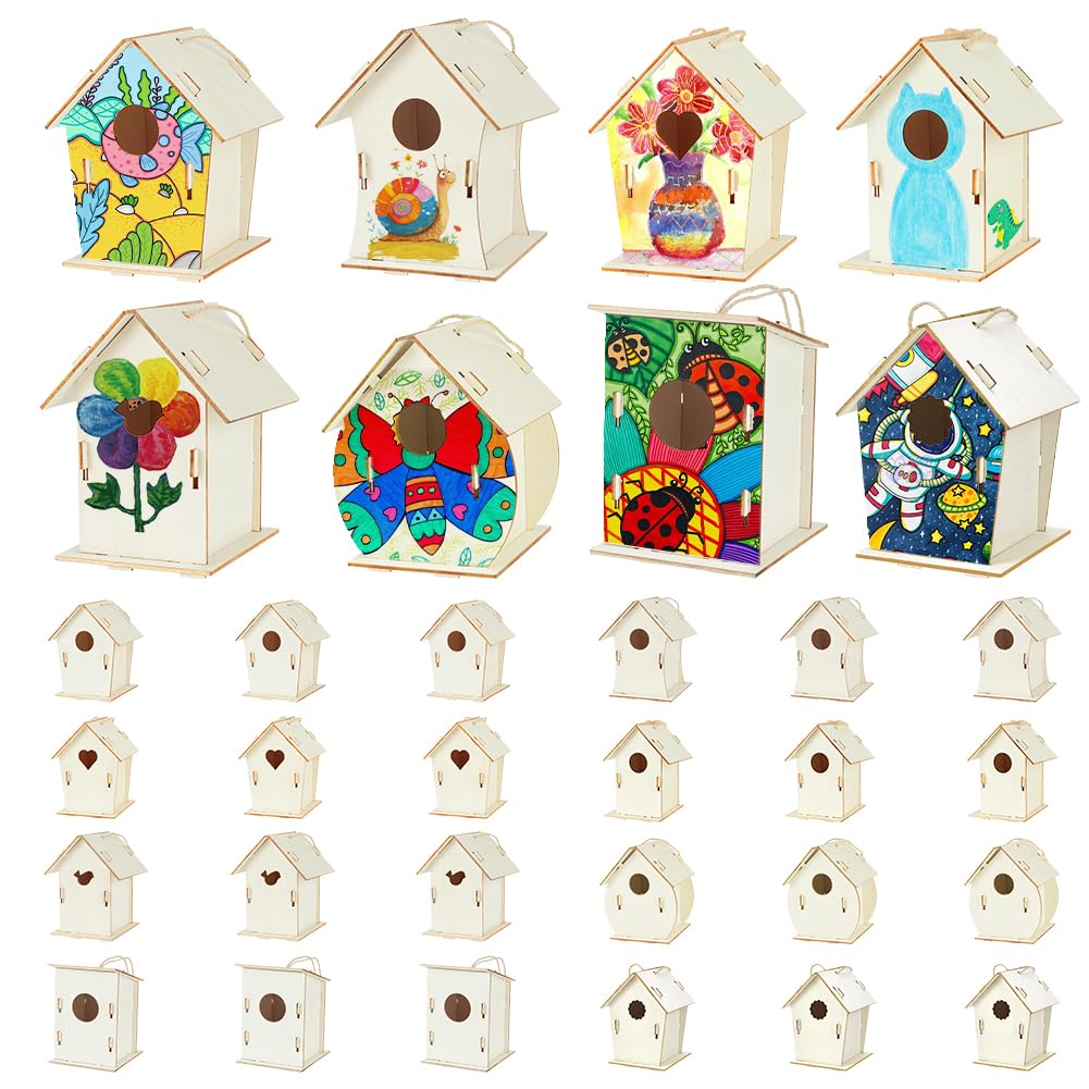 PH PandaHall 24 Sets Wooden Birdhouse Bulk 8 Styles Unfinished Wood Bird Houses Hanging Birdhouses to Paint Craft Bird Nesting for DIY Spring Party Classrooms Ornaments Arts and Crafts Project
