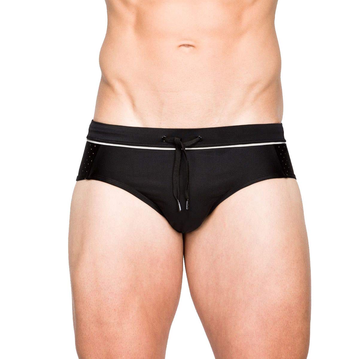 UXHmen's mesh stitching with cup sexy solid color black briefs show big three-dimensional U-convex briefs