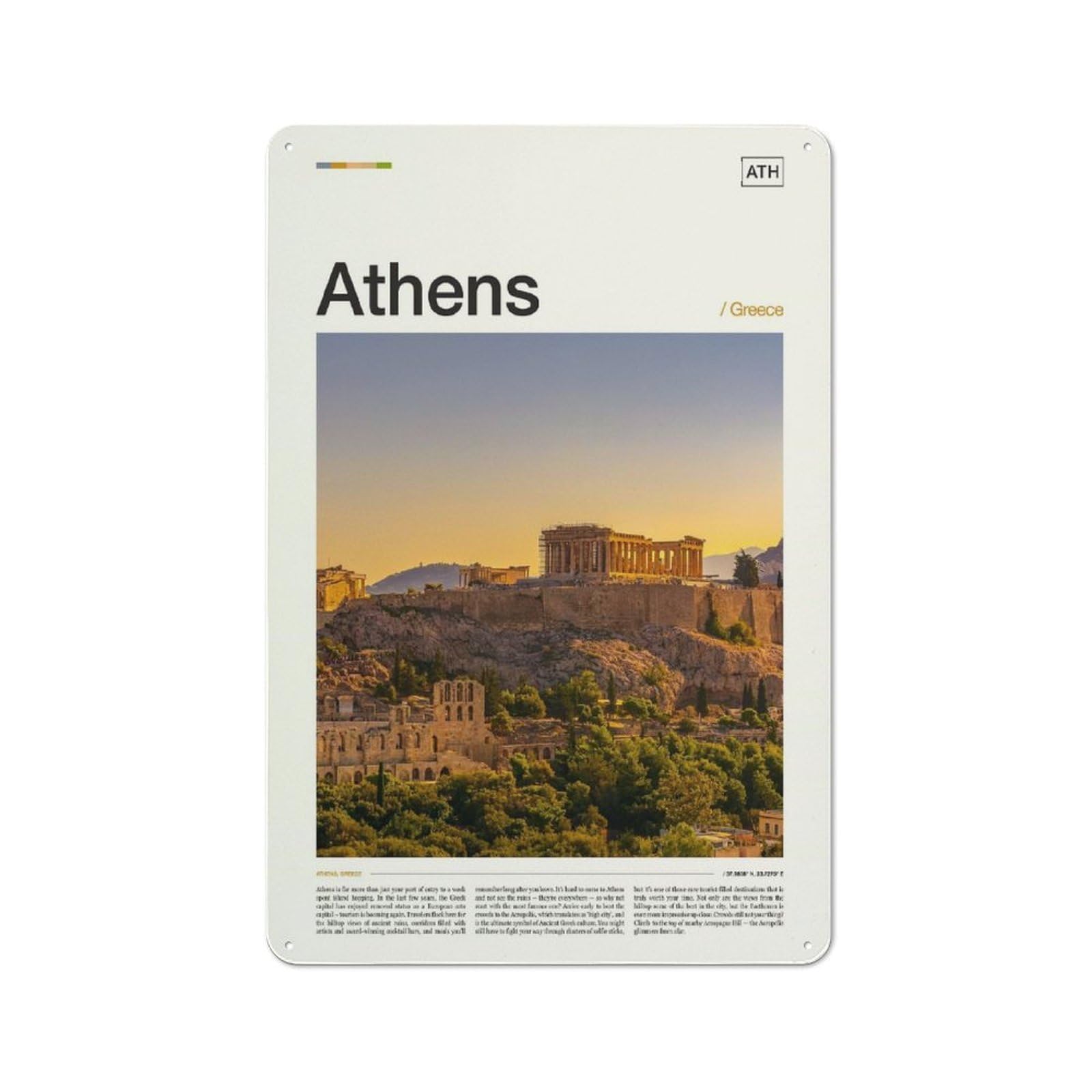 Junmoney Style-8 Athens, Greece Retro Tin Sign 30X20cm For Café Or Restaurant, Housewarming Wall Decor For People Furnishing Café And Restaurant