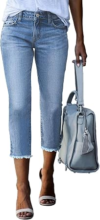 Sidefeel Womens Capri Jeans High Waisted Summer Fashion Straight Leg Raw Hem Denim Capri Pants