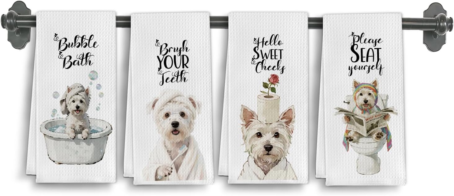 Funny Westie Dog Hand Towels,Westie Bathroom Kitchen Towels,Westie Gifts for Women,Dogs Washroom Decor,Dog Mom Gifts,Hello Sweet Cheeks Bathroom Decor,Set of 4