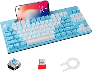75% Wireless Mechanical Keyboard, BT5.0/2.4G/USB Wired-Tri-Mode, US Layout TKL 87 Keys, Rechargeable 3300 mAh Battery ICE Blue Backlight Gaming Keyboard For Typists Gamers (White-Blue/Blue Switch)
