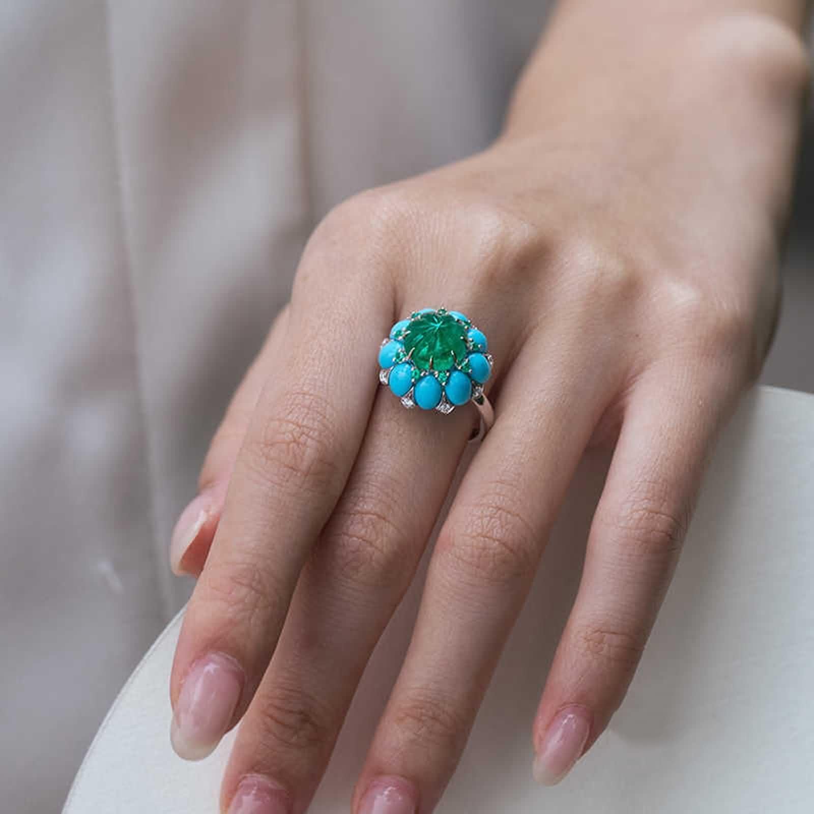 KnSam Echtgold Schmuck 9K/14K/18K Weißgold Antragsring, 3.99ct Labor Erstellt Smaragd Trauringe Blumen Unregelmäßige Form Grün, Ring mit Türkis 18/14/ 9 Karat Gold, Gr.47-70