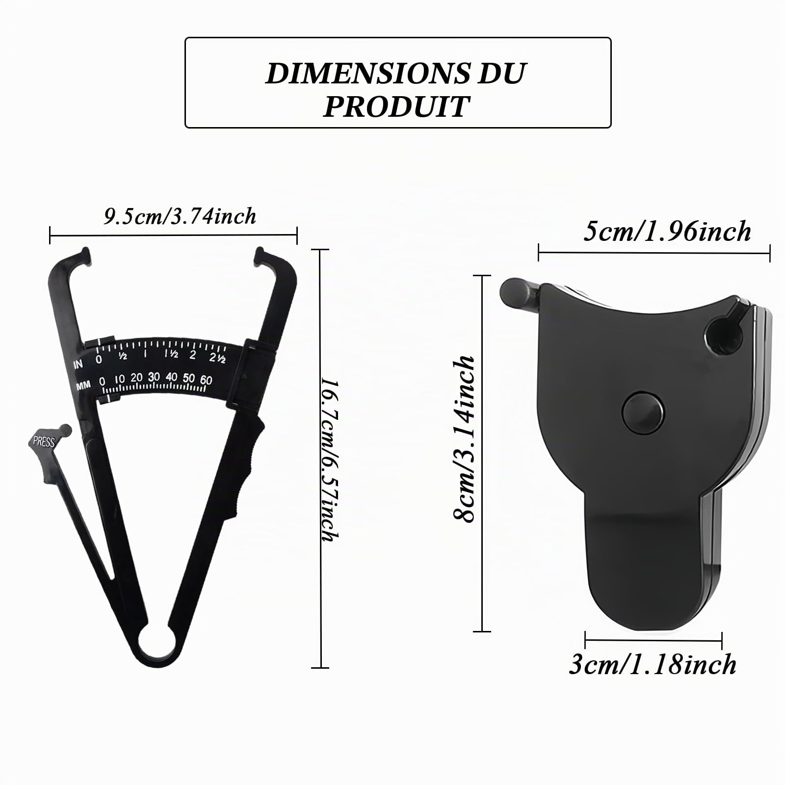 Pince à plis cutanée et Mètre ruban, Analyseur de graisse corporelle dans l'étrier cutané de mesure pour mesurer avec précision le BMI Pliage Fitness et perte de poids
