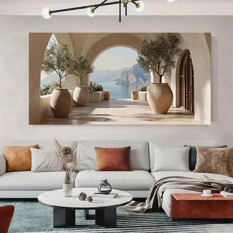 GKUVBF Terrasse méditerranéenne avec arches en pierre, paysage côtier, affiche imprimée sur toile (90 x 180 cm, sans cadre)