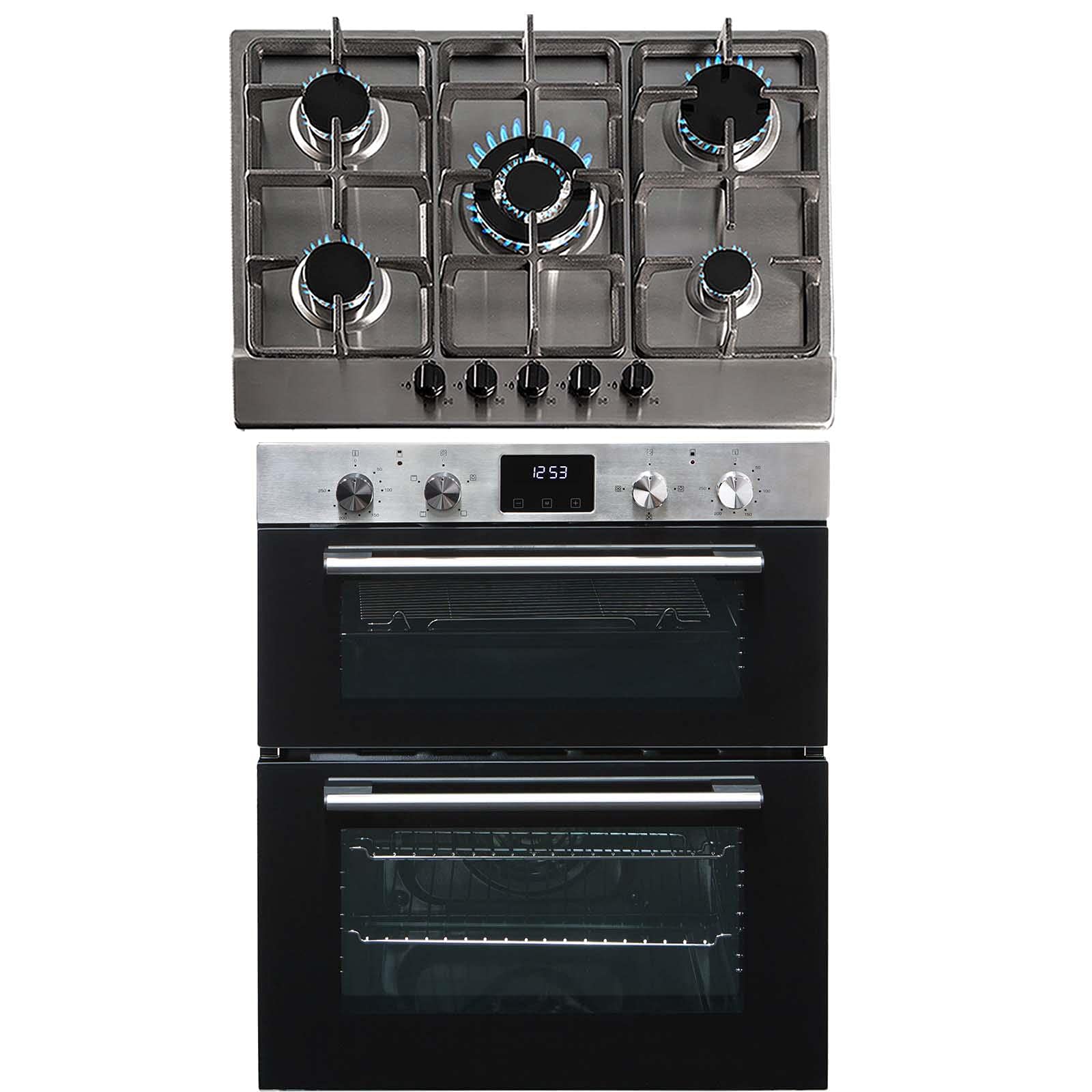 SIA 60cm DO111SS Stainless Steel Double Electric Fan Oven & 70cm SSG701SS 5 Burner Gas Hob With Cast Iron Pan Stands