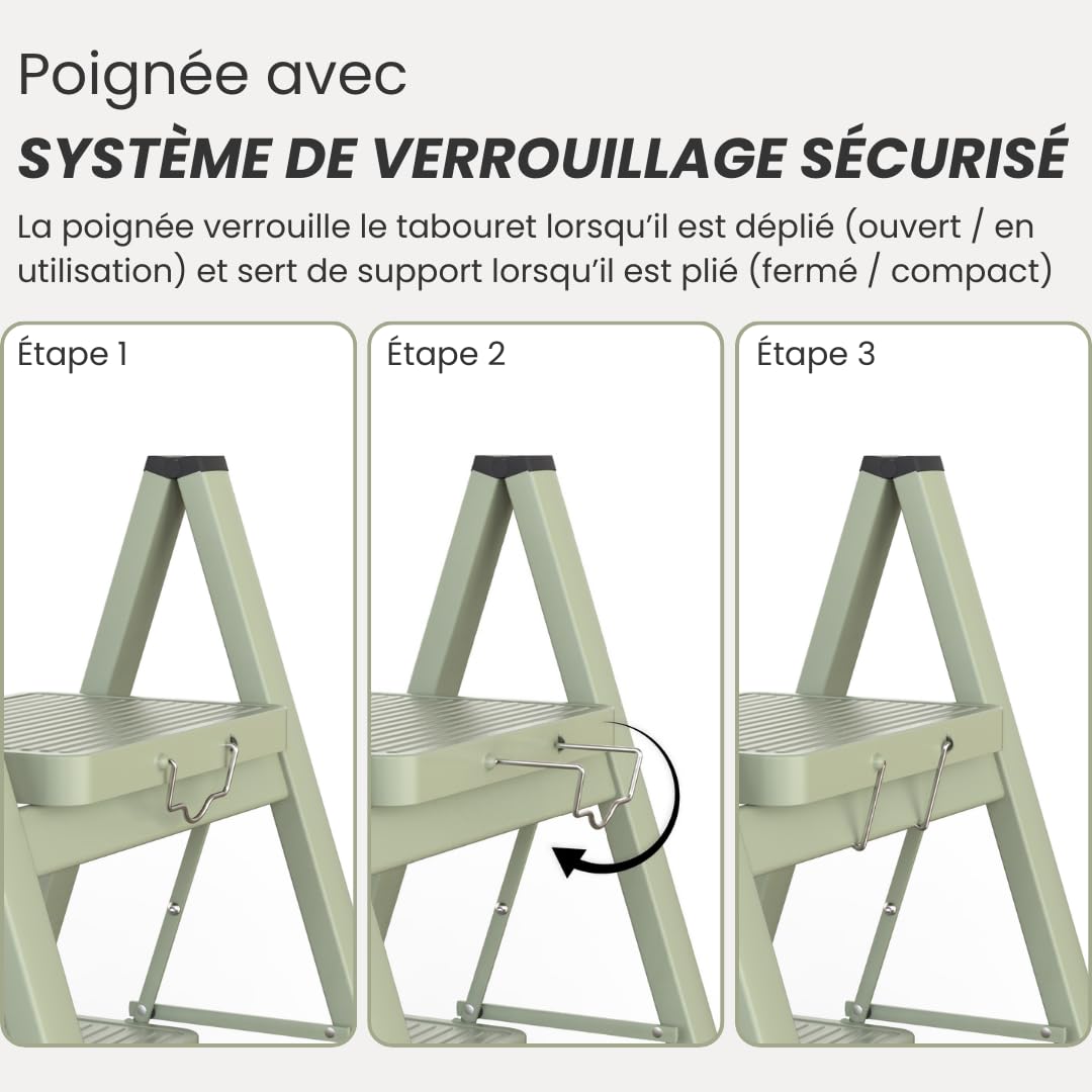Vigar Escabeau Pliable à 2 marches jusqu'à 150 kg, léger, antidérapant, en Acier, avec poignée en métal, pour la Maison, Vert | Escabeau pliable en acier léger et antidérapant avec poignée en métal pour la maison, tabouret à 2 marches