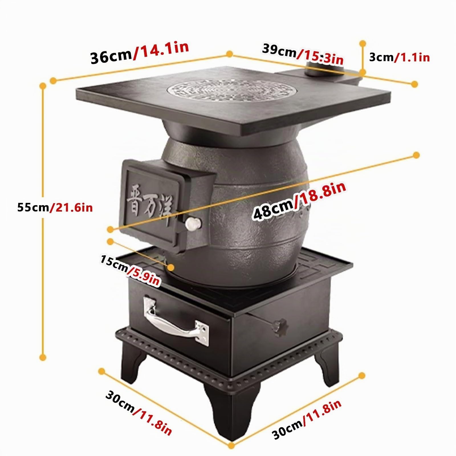 Stufa A Legna in Ghisa Stufe A Legna Da Interno Stufaa Campeggio 4 Gambe Rinforzate Struttura in Ghisa Adatta A Diversi Combustibili Stufa Multiuso 3 Misure(36 * 39 * 55cm)