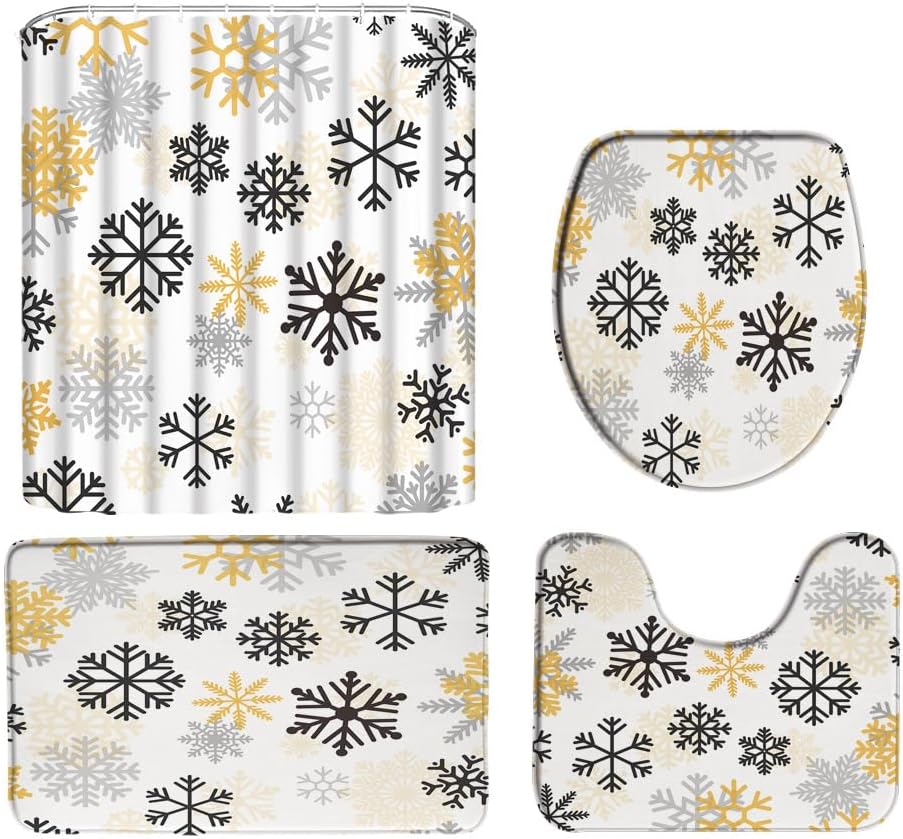 Christmas Snowflake Shower Curtain Pink Gray Black Winter Holiday Happy New Year Fabric Bathroom Curtain Set with Hooks(74.8" Wx70 H)