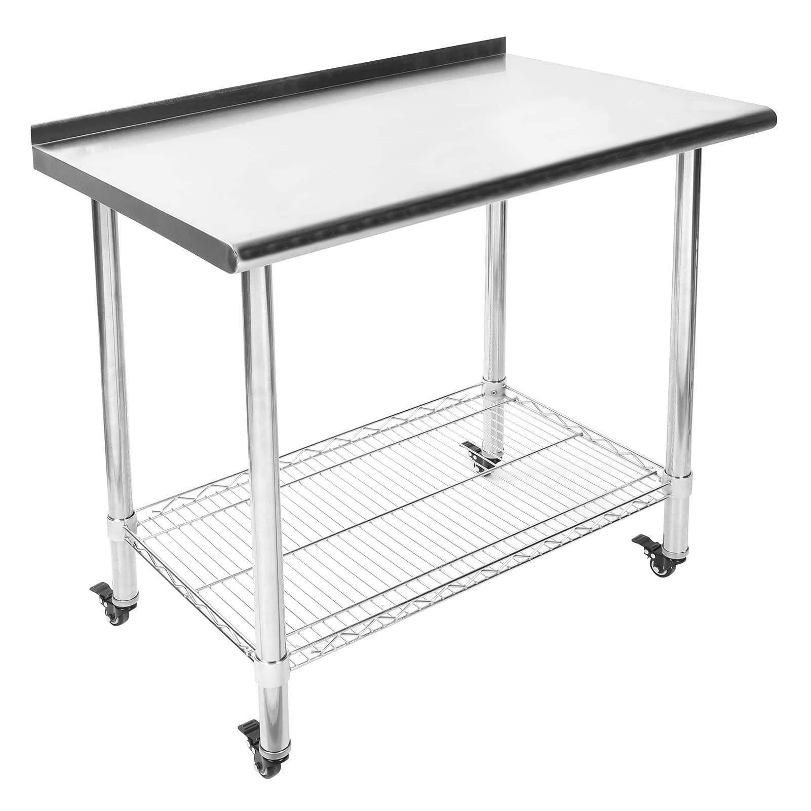 Wakects Mesa de Trabajo de Acero Inoxidable con 2 Niveles, con Frenos de Ruedas, Mesa de Cocina Gastronómica de Almacenamiento