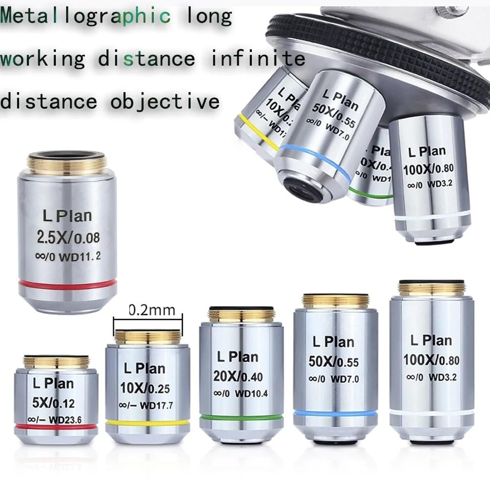 Kit de accesorios para microscopios Plan de larga distancia de trabajo campo infinito objetivo contraste de fase objetivo metalográfico 2,5X 5X 10X 20X 50X 100X lente seca Portaobjetos de microscopio(