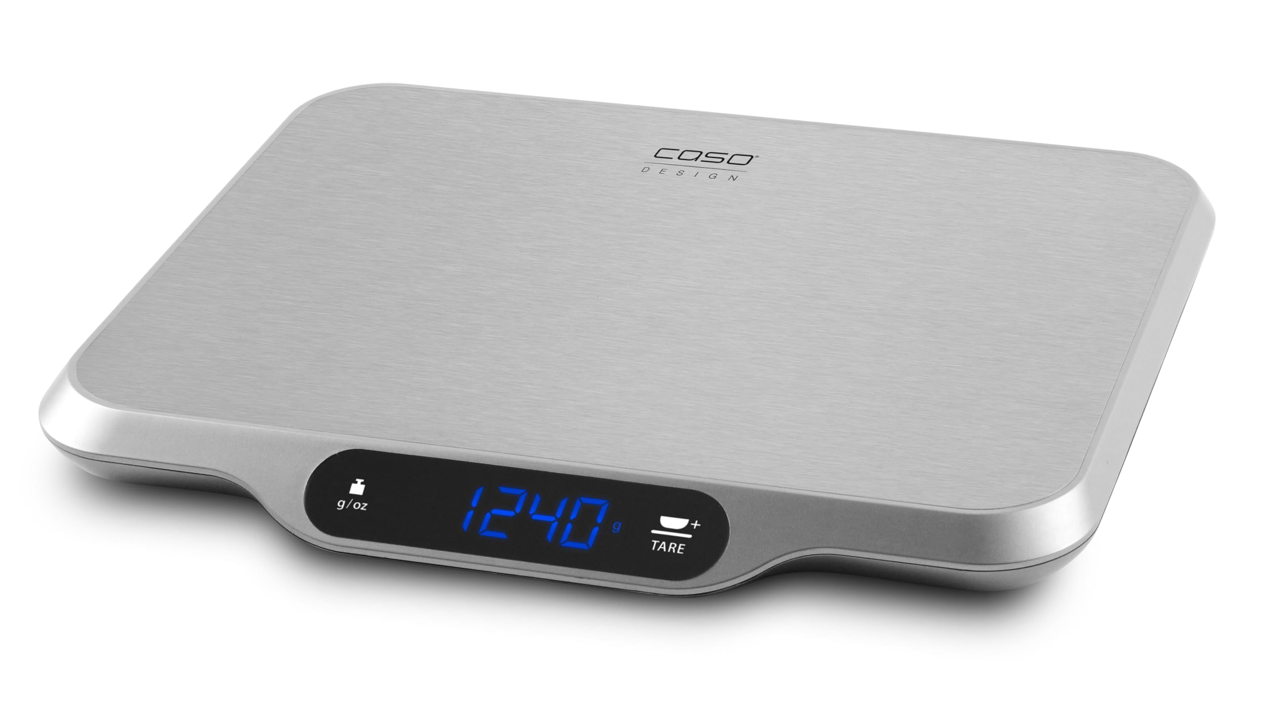 CASO L15 - Bascula de cocina con pantalla LCD, gran superficie de acero Inoxidable (30x22 cm), manejo táctil, función de tara y hold, graduación precisa de 1 g, hasta 15 kg