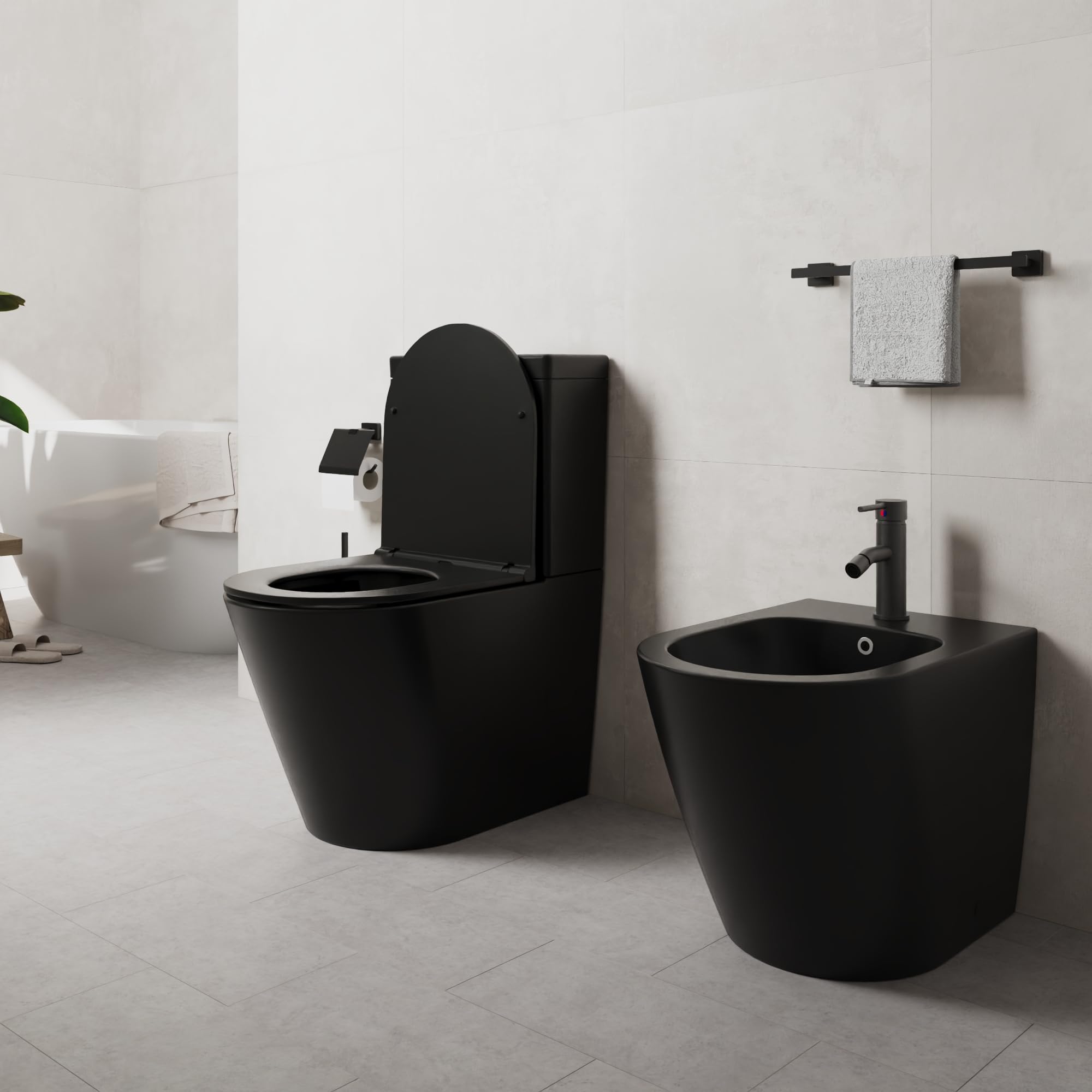 Paire de sanitaires Filomuro cuvette monobloc sans bordure et bidet noir mat | Vienna