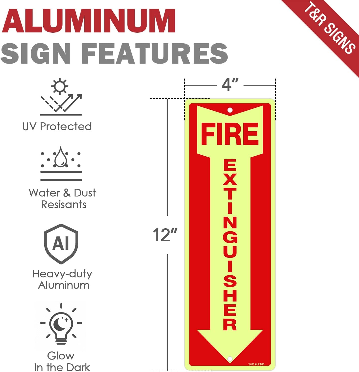T&R Fire Extinguisher Metal Sign - 12 Pack - 12"x4" .040 Rust Free Heavy Aluminum Glow-In-The-Dark, Waterproof, Weatherproof and Fade Resistant, 2 pre-drilled holes, Easy to Install Indoors and Outdoors