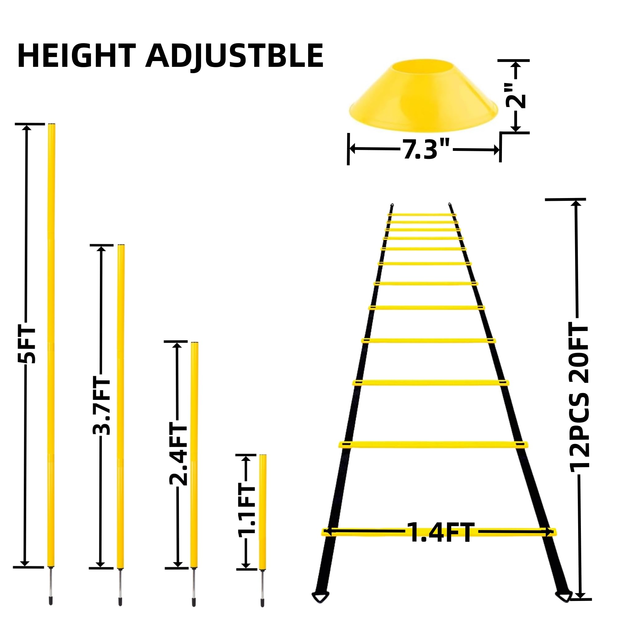 Poste de portería de fútbol de 6 pies x 4 pies + postes de entrenamiento de agilidad para fútbol Equipo: 6 postes de agilidad de fútbol ajustables de 5 pies, escalera de agilidad de 20 pies, 10 cono