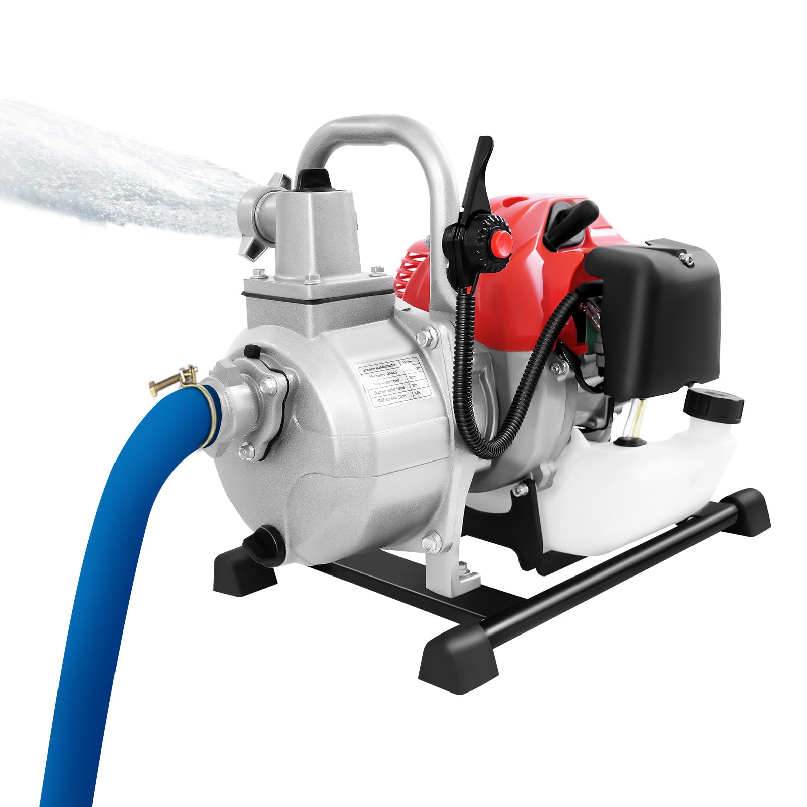 Pompa dell'acqua a benzina da 1 pollice con altezza di 30 m e altezza di aspirazione 8 m, motore a 2 tempi, portata 8100 l/h, pompa da giardino con tubo di ingresso da 2 m