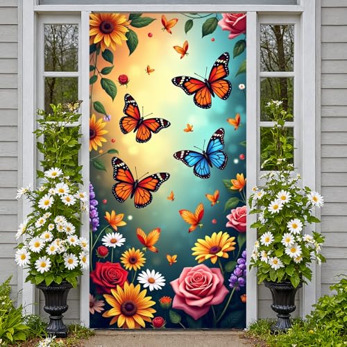 Welcome Butterfly Door Cover Welcome Spring Door Decorations Banner Flower Butterfly Banner Sign Photo Background for Spring and Summer Holiday Party Decor Indoor Outdoor Supplies