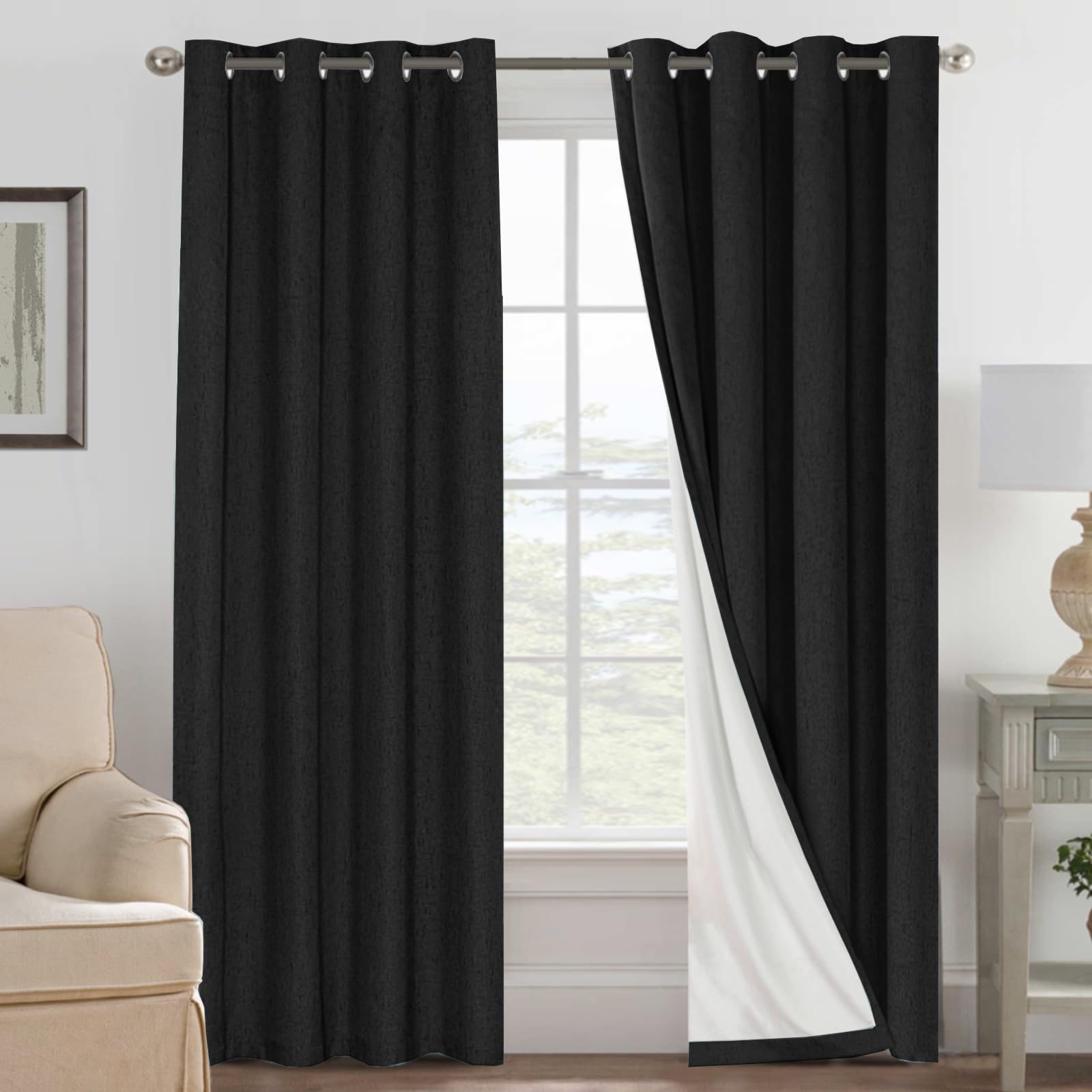 H.VERSAILTEX Linen Curtains 100% Blackout Curtains for Bedroom 102 inch Long Full Light Blocking Nature Linen Blended Window Curtains for Living Room Nickel Grommet (2 Panels, Black)