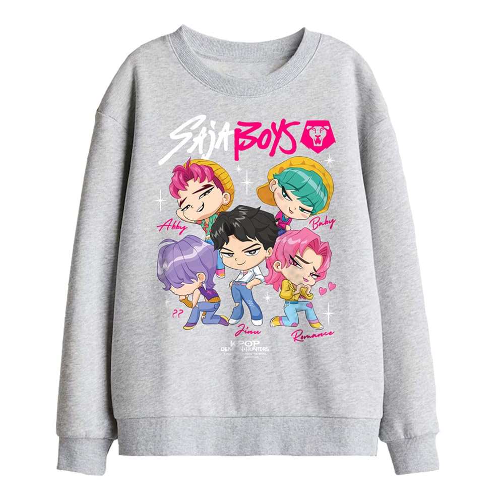 Kpop Demon Hunters - Saja Boys Chibi Poster Kids Sweatshirt, Heather Grey, 7-8