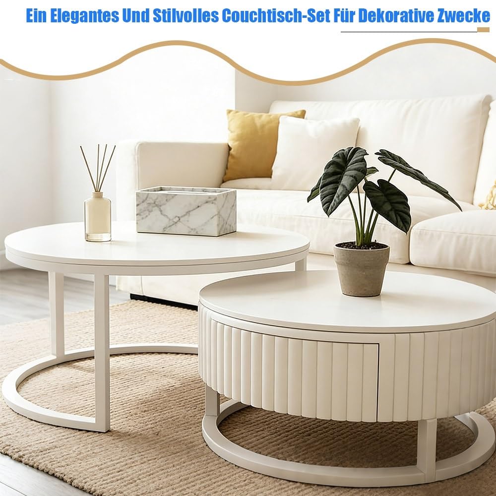 Modern Weiss Rund Couchtisch 2er Set Satztische Hochglanz Marmor 50+70cm Nested Beistelltisch Kaffeetisch Für Wohnzimmer, Balkon Und Büro, Stabiler Metallrahmen + Komplette Installation