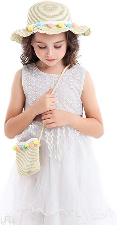 Bienvenu Kids Girl Colorful Balls Summer Beach Pool Floppy Dress Sun Hat with Straw Pocket Suit Set