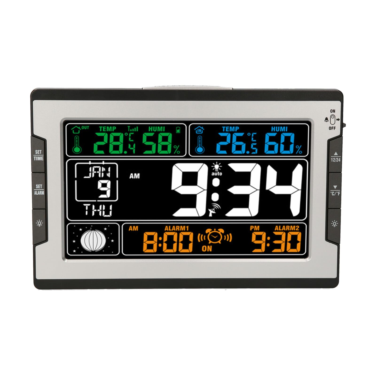 Orologio Digitale per Temperatura Interna ed Esterna, umidità, termoigrometro, igrometro, Ampio Display a Colori, retroilluminazione, Calendario perpetuo, Fase lunare, Allarme