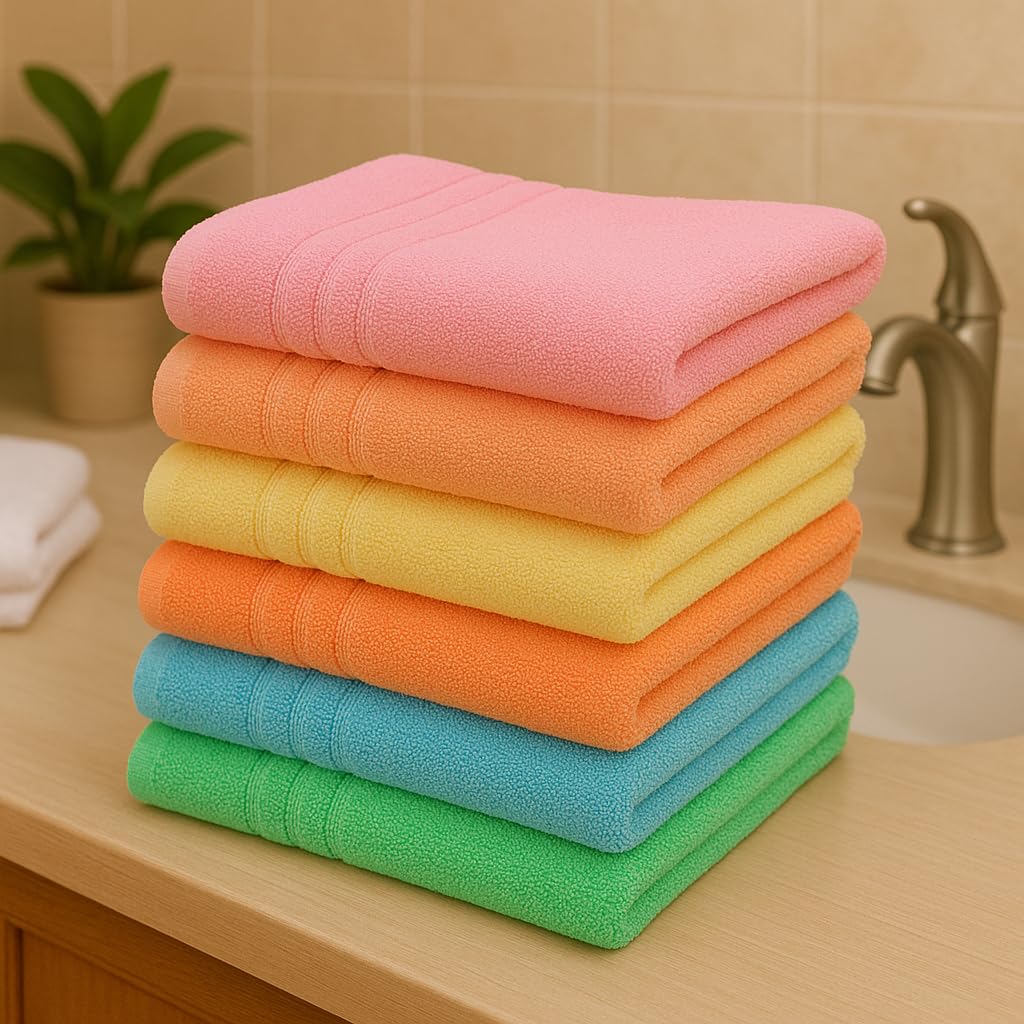 Weavers Villa Cotton 420 GSM Plain Soft Multicolour Face/Hand Towel - Set of 6 (33cm X 50cm)