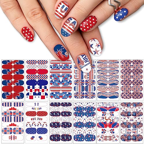 TailaiMei 12 Sheets 4th of July Nail Wraps Stickers, Patriotic Nail Polish Strips Self-Adhesive Full Wraps with 2 pcs Nail Files for Independence Day American Flag DIY Nail Art Design