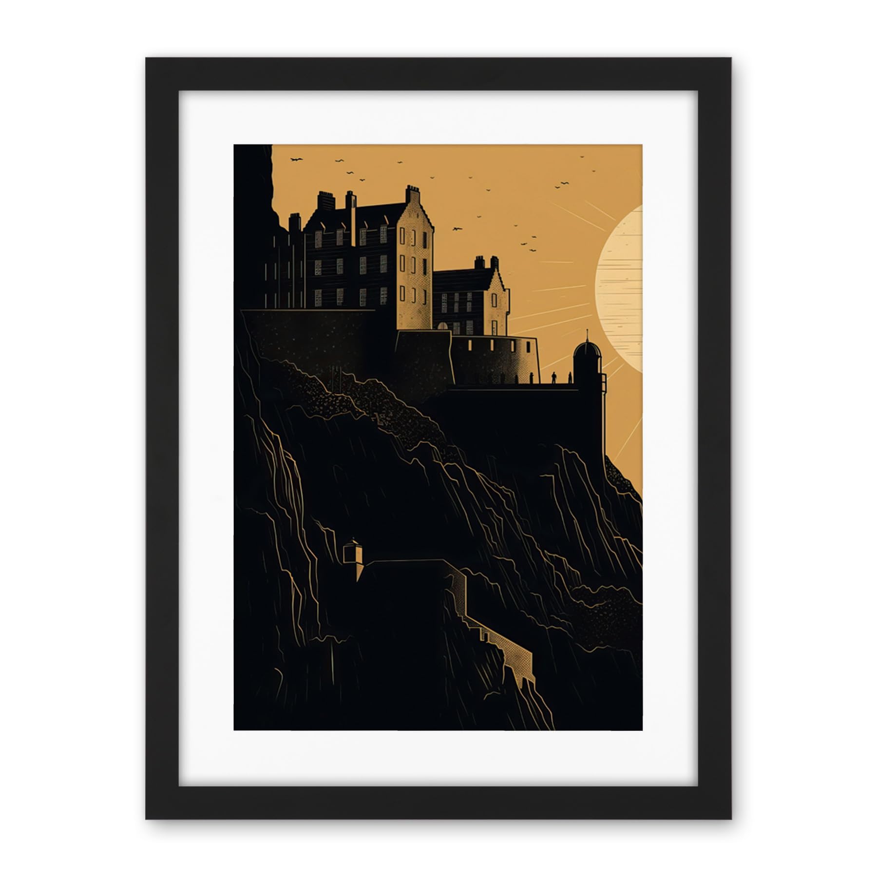 Artery8 Edinburgh Castle at Sunset Linocut Illustration Artwork Framed Wall Art Print 18X24 Inch