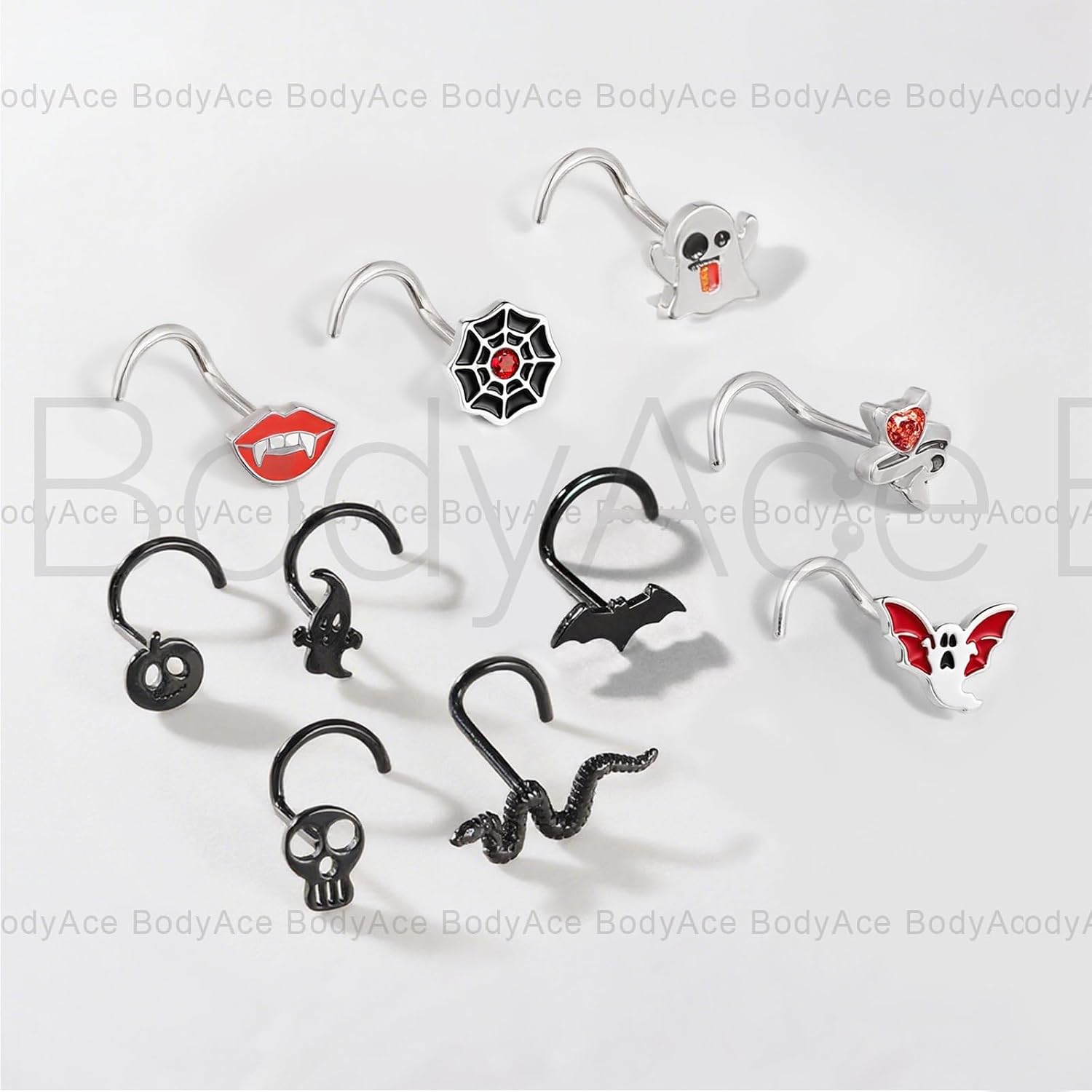 20G Nose Rings Halloween Nostril Studs Black Nose Stud Stainless Steel Nostril Ring L Shaped Nose Piercings Bat Skulls Pumpkins Halloween Jewelry