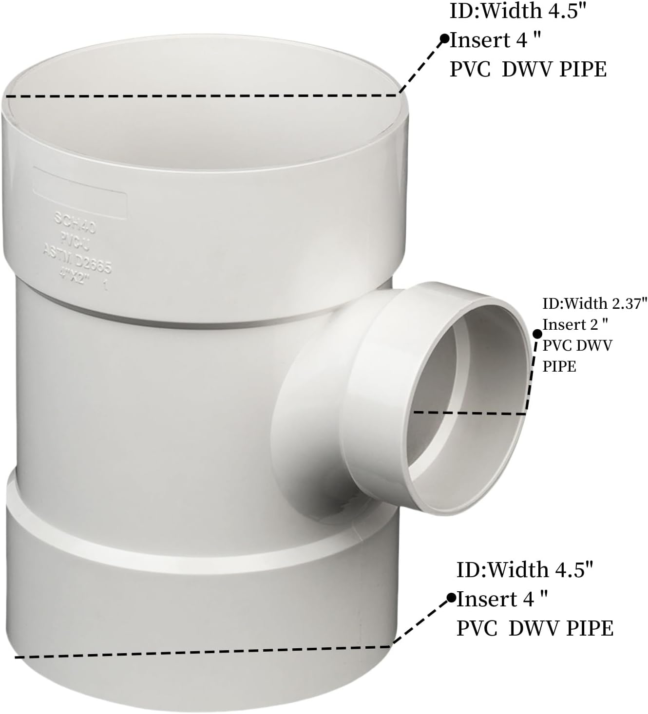 4"X4"X2" PVC DWV Sanitary Reducer TEE for Drain Waste and Vent, PVC Pipe Fittings Connect for plumbing pipe white (4 IN to 4 IN to 2 IN)