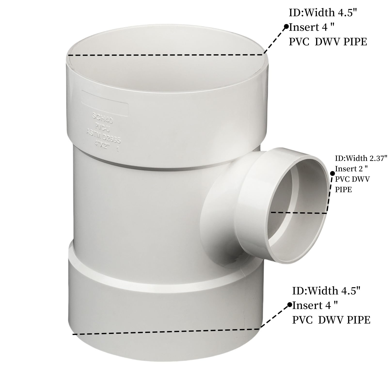 Reductor de residuos sanitarios de PVC DWV de 4 x 4 x 2 pulgadas, color blanco | Accesorios de tubería de PVC de ventilación para tuberías de fontanería