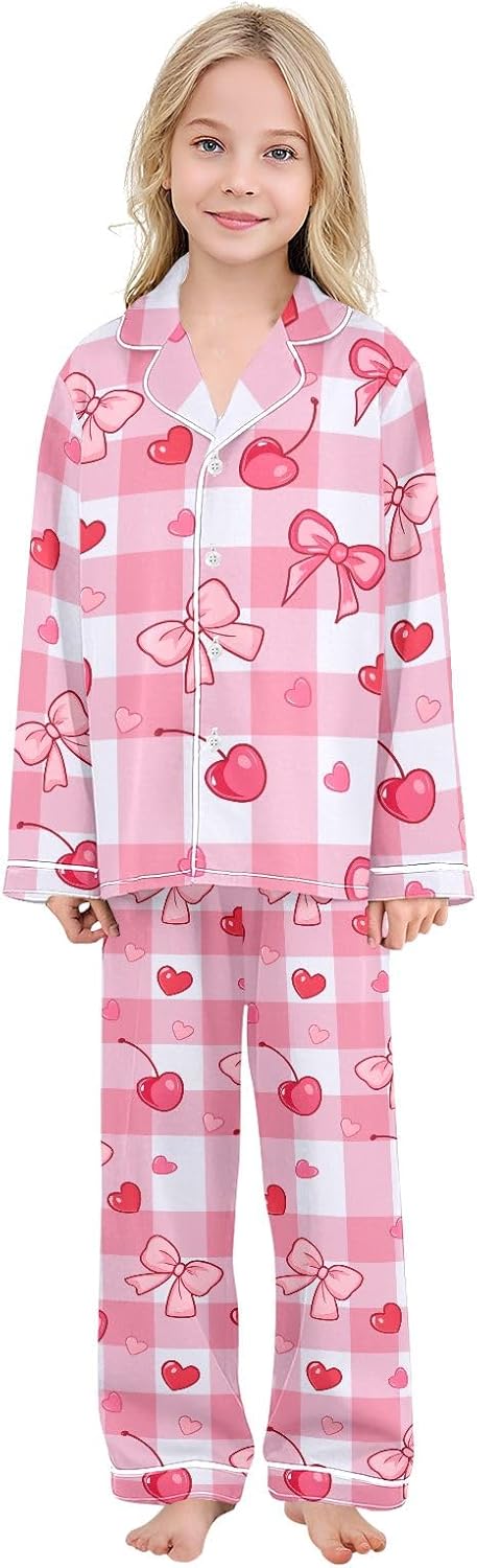 Kids Casual Satin Wear Set Pink Checkered Background Cherry Bow Pattern Unisex Relaxed Fit Clothing