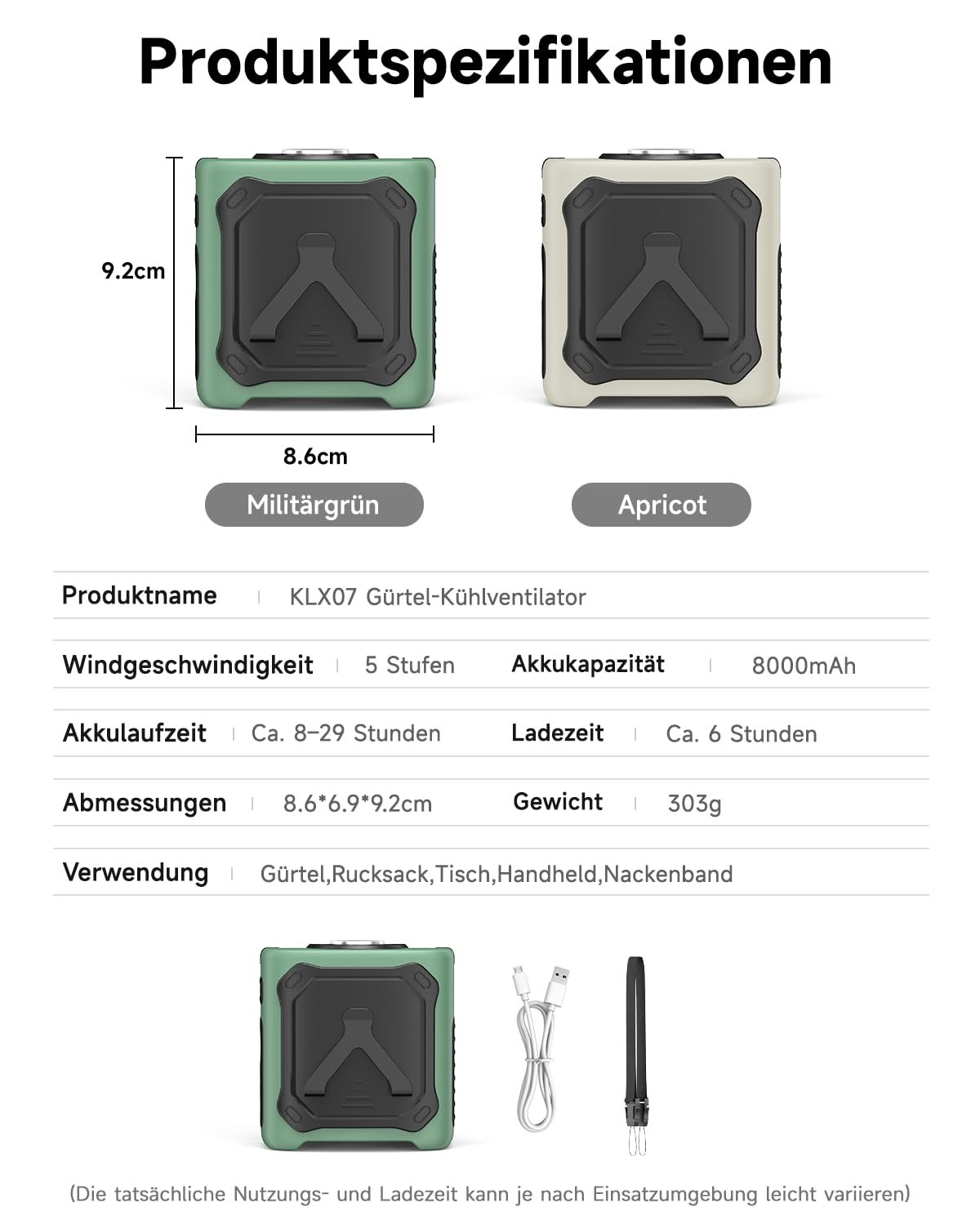 2026 Kühlung Tragbarer Taillenventilator,8000mAh 29H Laufzeit USB C Wiederaufladbar,5 Geschwindigkeiten 13000RPM Mit LED Beleuchtung SOS für Baustelle,Camping,Wandern,Arbeiten im Somme Aprikose