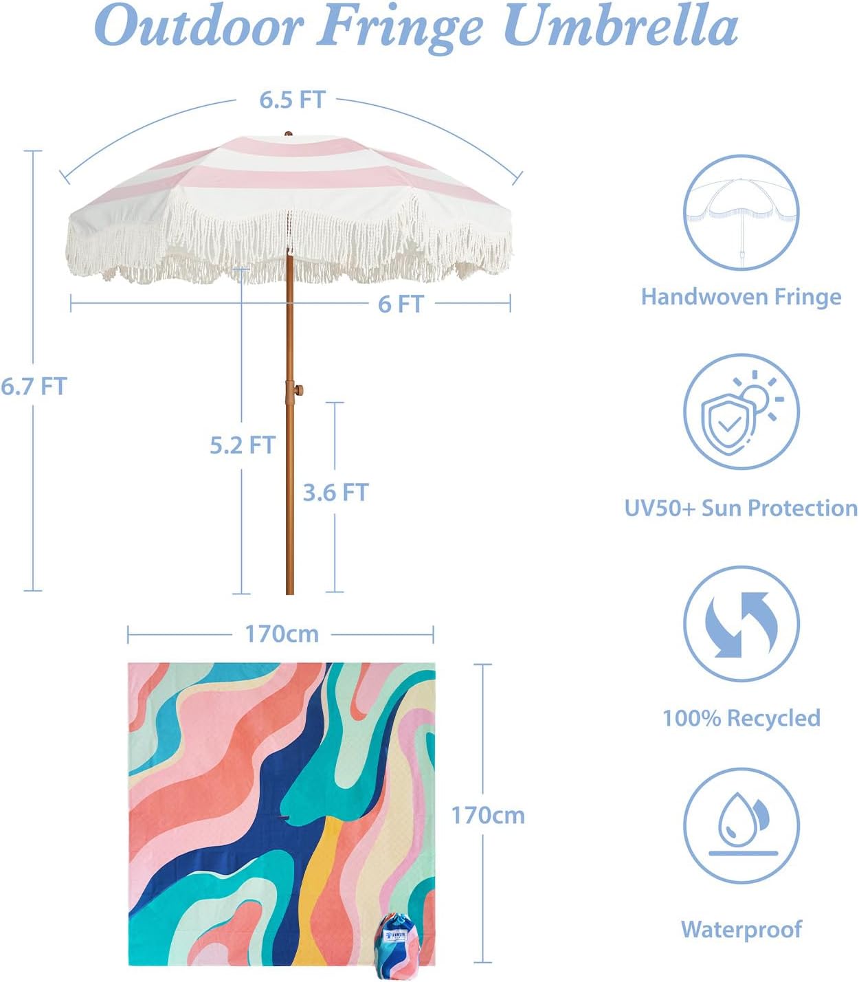 AMMSUN Boho Fringe Umbrella with Outdoor Blanket, 6.5ft UPF50+ Picnic Umbrella with Tassels with Steel Pole & Push Button Tilt, Pink Stripes