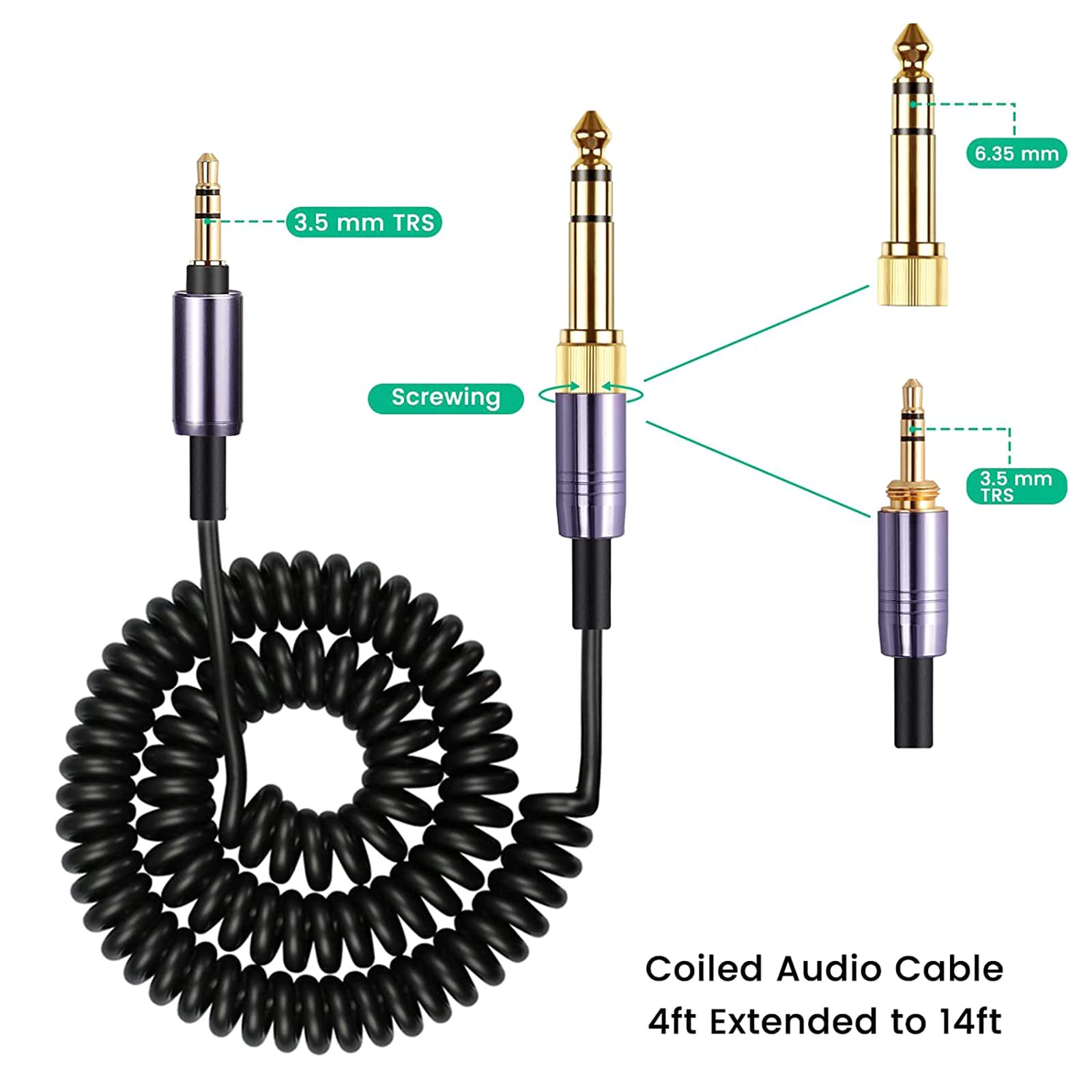 Cable en espiral de resorte de 3,5 mm con cable adaptador de 6,35 mm para auriculares WH-1000XM3 XM2 XM4 / H900N H800