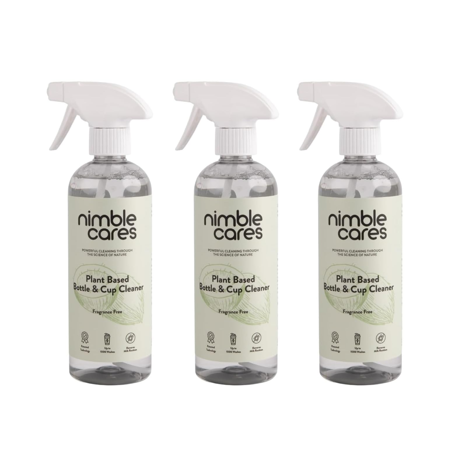 nimble cares Lift Off Power Spray - Fragrance Free - 3 x 500ml - Bottle Cleaner - Baby Bottle Cleaning Liquid - Vegan - Family Safe - Baby Bottle Cleaner - Protein Shaker Cleaner - Tumbler Cleaner