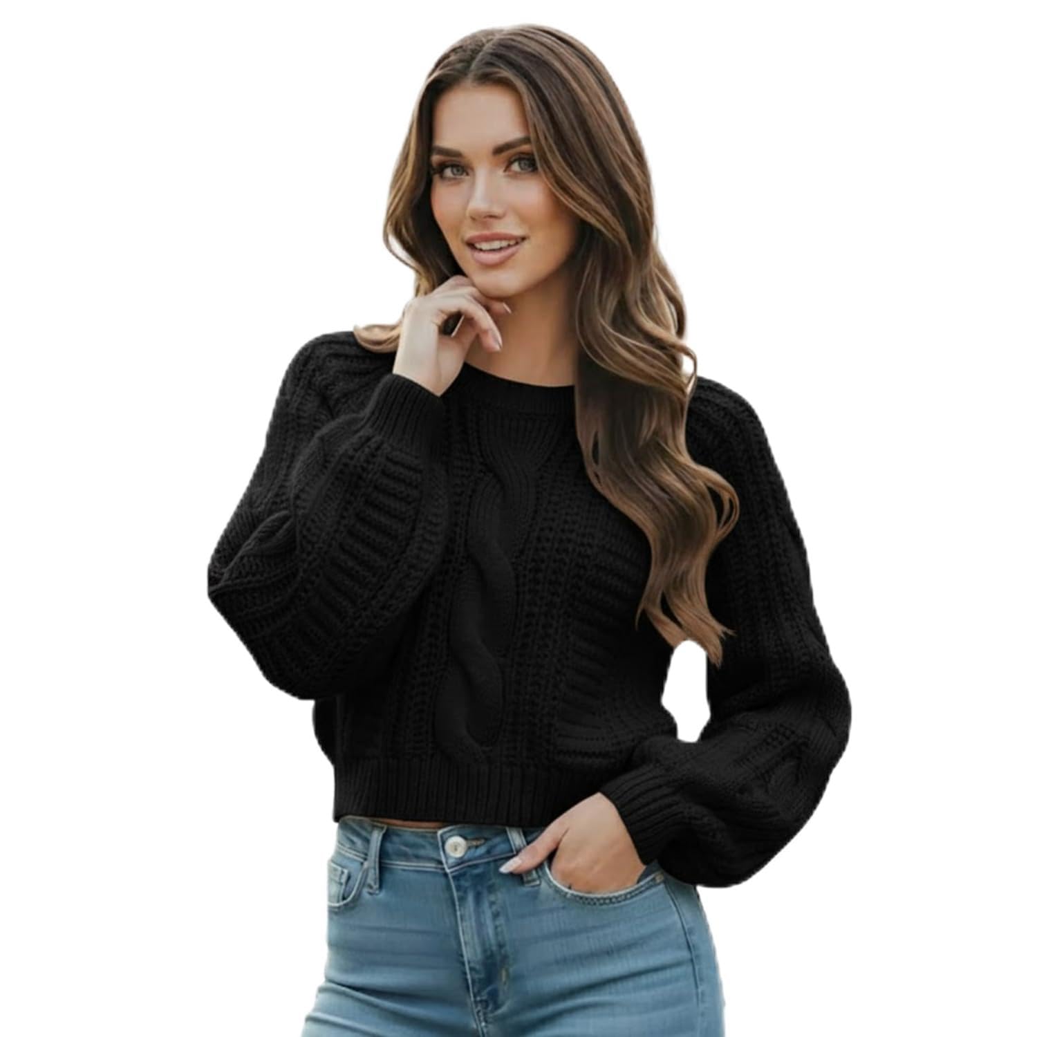 Womens Cropped Cable Knit Sweater Soft and Warm Long Sleeve Pullover Casual Knit Top for Fall Winter