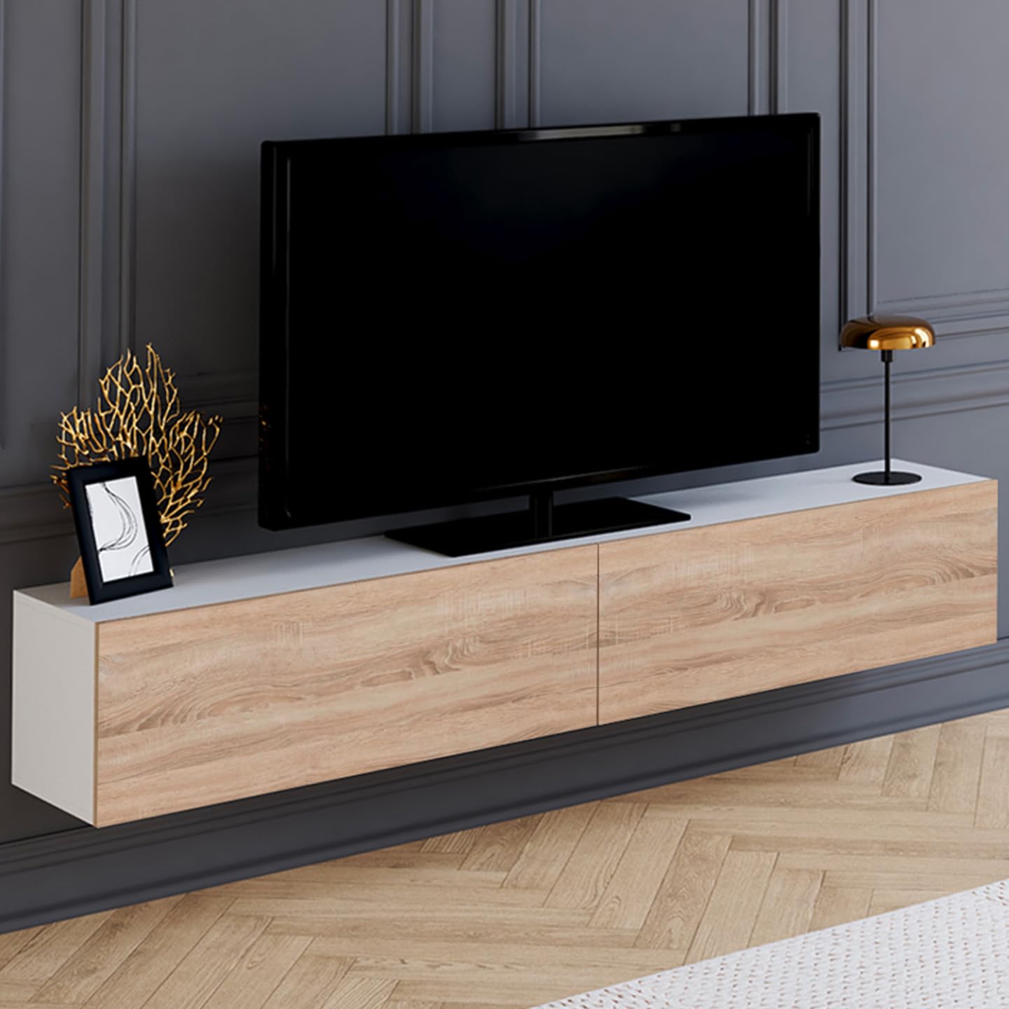 IDMarket - Mueble TV suspendido ELIO 2 puertas blanco y madera 180 cm