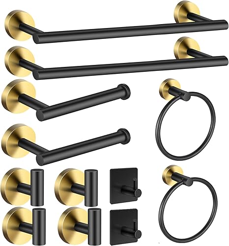Juego de toallas de baño, juego de accesorios de baño negro y dorado, 12 piezas de accesorios de baño de acero inoxidable, incluye 2 toalleros de 16 disponible en Yaxa Peru